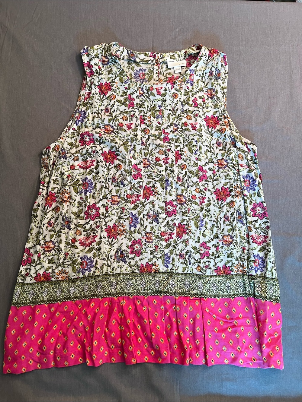 J. Jill White Floral Tank with Pink and Green Print